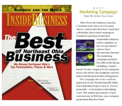 Inside Business magazine feature recognizing Fiber Network Solutions with the “Best Marketing Campaign” award, showcasing the company’s award-winning Internet advertising campaign, creative direct-mail marketing, and innovative brand promotion.