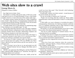 The Columbus Dispatch article titled “Web sites slow to a crawl,” featuring comments from Fiber Network Solutions President David J. Koch and Chief Technology Officer Kyle Bacon on maintaining Internet backbone communications during the September 11, 2001 terrorist attacks.