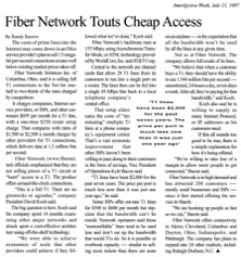 Inter@ctive Week article titled “Fiber Network Touts Cheap Access,” profiling Fiber Network Solutions founders David J. Koch and Kyle Bacon and highlighting FNSI’s innovative Tier One Internet architecture, affordable T1 connectivity, and early national expansion strategy.