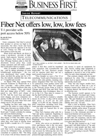 Columbus Business First article titled “Fiber Net offers low, low, low fees,” profiling Fiber Network Solutions founders David J. Koch and Kyle Bacon and highlighting FNSI’s innovative Tier One Internet services, affordable T1 connectivity, regional expansion, and customer-focused business strategy.