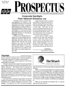 Cleveland Engineering Society Prospectus magazine Corporate Spotlight featuring Fiber Network Solutions, highlighting President and CEO David J. Koch, FNSI’s Tier One Internet backbone, engineering excellence, profitable growth, and expansion across the Midwest.