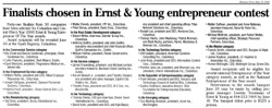 Business First article titled “Finalists chosen in Ernst & Young entrepreneur contest,” announcing Fiber Network Solutions President and CEO David J. Koch and Vice President Kyle Bacon as finalists for the 2000 Ernst & Young Entrepreneur of the Year Award in the Technology category. 