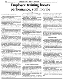 Business First Executive Education article titled “Employee training boosts performance, staff morale,” profiling Fiber Network Solutions President and CEO David J. Koch’s leadership philosophy, employee development programs, corporate culture, and commitment to education and professional growth.