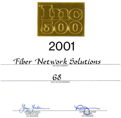 FNSI 2001 Inc 500 Award, 68 fastest growing company in America Certificate