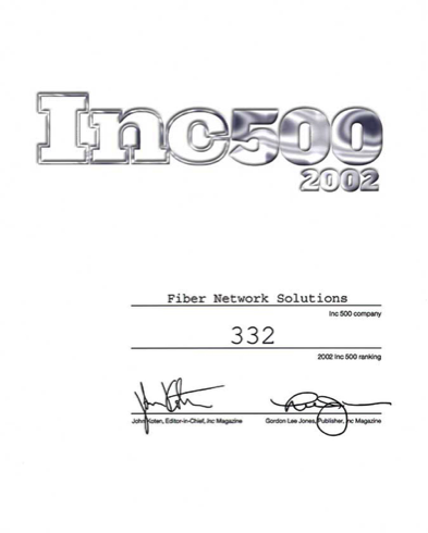 FNSI 2002 Inc 500 Award, fastest growing company in America Cerificate