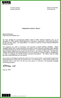 KPMG LLP Independent Auditors Report — Fiber Network Solutions Inc — Fiscal Year 1998 — Unqualified clean audit opinion — June 25 1999 — Columbus Ohio