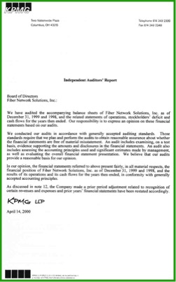 KPMG LLP Independent Auditors Report — Fiber Network Solutions Inc — Fiscal Years 1999 and 1998 — Unqualified clean audit opinion — April 14 2000 — Columbus Ohio