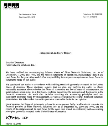 KPMG LLP Independent Auditors Report — Fiber Network Solutions Inc — Fiscal Years 2000 and 1999 — Unqualified clean audit opinion — March 16 2001 — Columbus Ohio