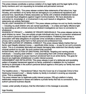 Inga Housley sworn complaint to PRlog