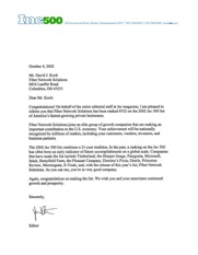 Official Inc. Magazine letter dated October 4, 2002, notifying David J. Koch that Fiber Network Solutions was ranked No. 332 on the 2002 Inc. 500 list of America’s fastest-growing privately held companies.