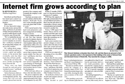 Powell This Week newspaper feature titled “Internet firm grows according to plan,” profiling Fiber Network Solutions founders David J. Koch and Kyle Bacon and highlighting FNSI’s disciplined business strategy, cash-flow-positive growth, Tier-One Internet services, and Network Operations Center. 