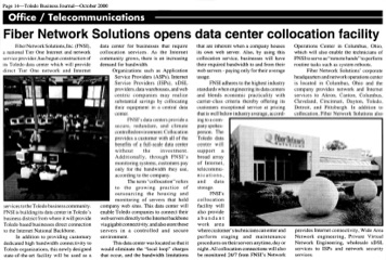 Toledo Business Journal article titled “Fiber Network Solutions opens data center colocation facility,” highlighting FNSI’s expansion as a national Tier One Internet provider, advanced data center services, secure colocation facilities, and enterprise network infrastructure.