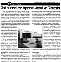 Toledo Business Journal article titled “Data center operational in Toledo,” highlighting Fiber Network Solutions’ Tier One Internet backbone, enterprise server colocation services, secure data center infrastructure, and direct Internet connectivity for Ohio businesses.