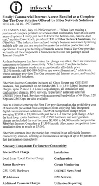 InfoSeek feature titled “Finally! Commercial Internet Access Bundled as a Complete Out-The-Door Solution Offered by Fiber Network Solutions,” highlighting President and CEO David J. Koch’s introduction of Internet Complete, an innovative all-inclusive Tier One Internet connectivity solution for businesses.