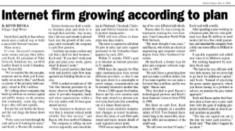 Dublin Villager newspaper feature titled “Internet firm growing according to plan,” profiling Fiber Network Solutions founders David J. Koch and Kyle Bacon and highlighting FNSI’s disciplined business strategy, profitable growth, Tier One Internet services, and successful expansion without venture capital.