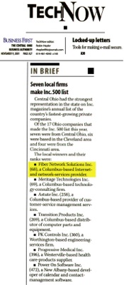 Business First TechNow article titled “Seven local firms make Inc. 500 list,” recognizing Fiber Network Solutions as the No. 68 fastest-growing privately held company in America and one of Central Ohio’s leading Internet and network services providers.